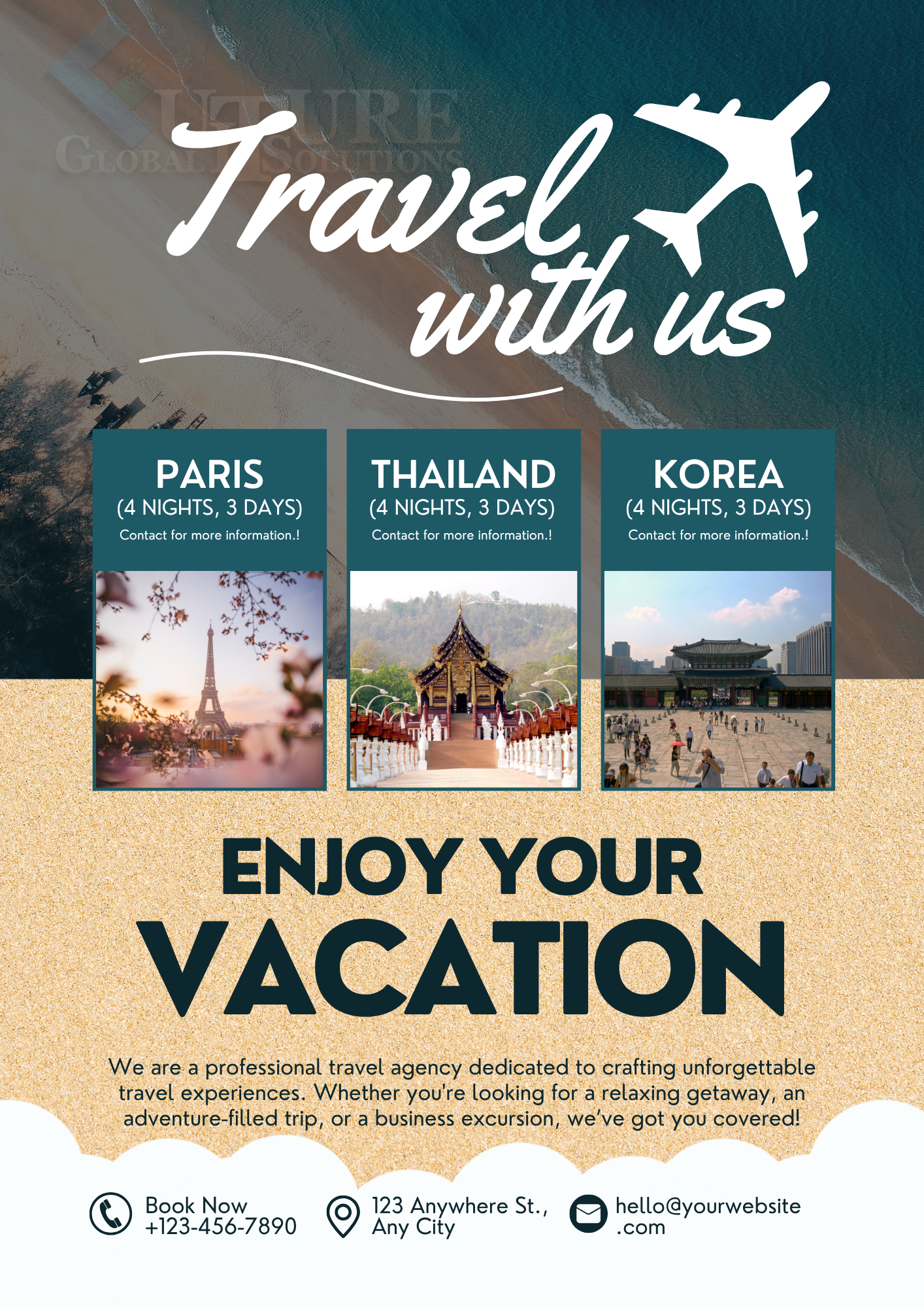 Cream Green Simple Minimalist Travel Agency Flyer